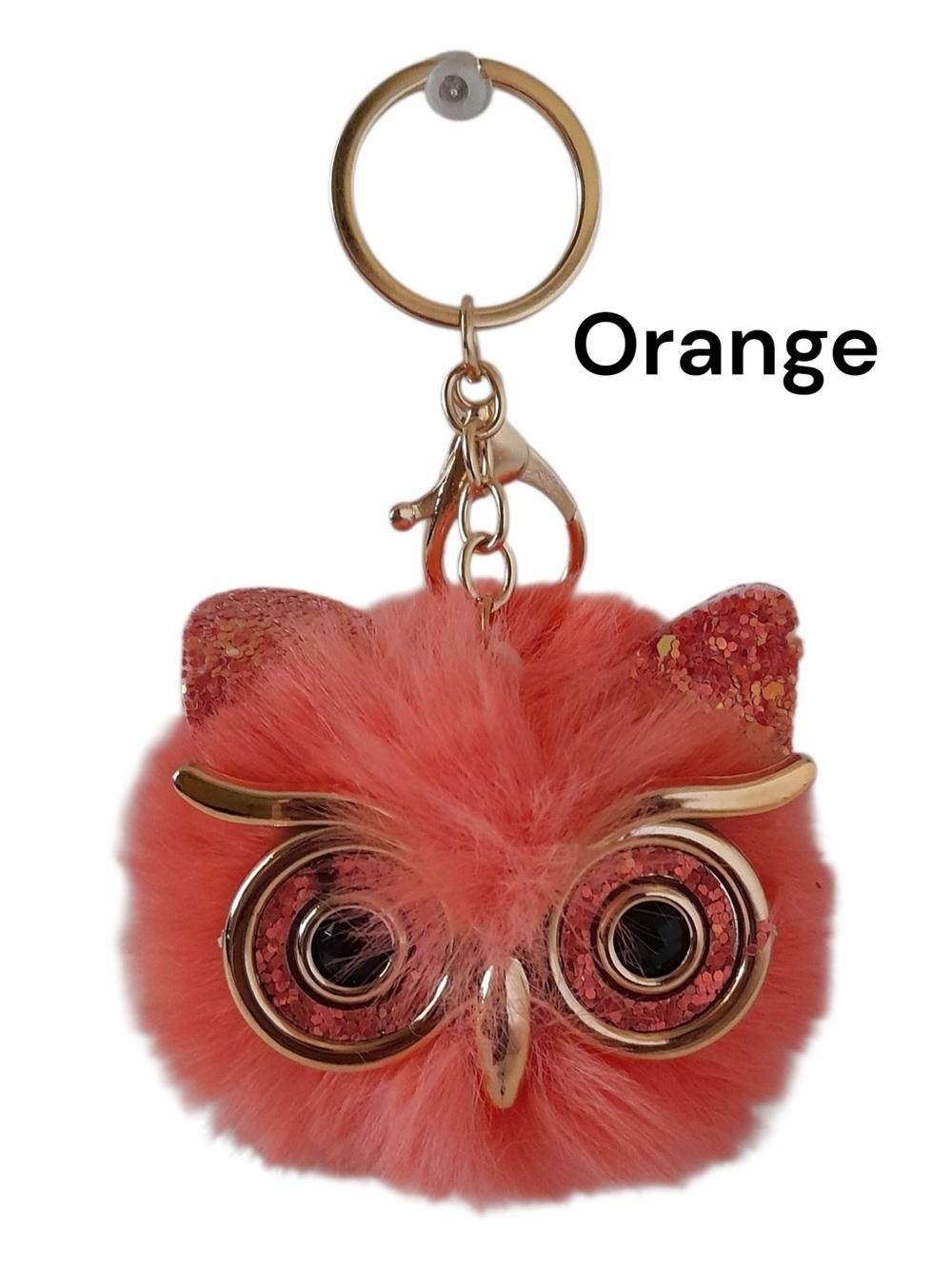 Orange  Furry Owl Keychain Bag Charm with Gold Accents